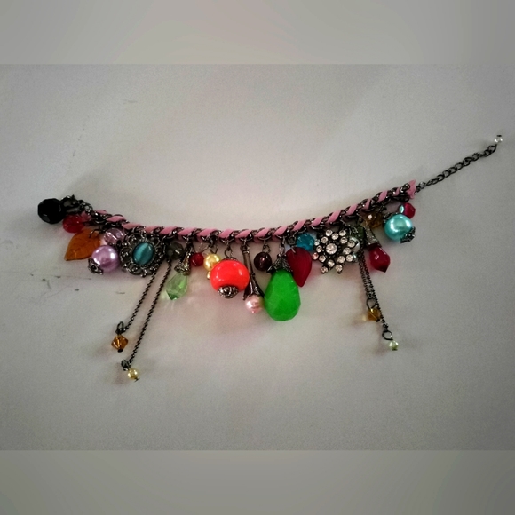 Unbranded Jewelry - charm bracelet dark silver metal rhinestones resin beads pearls various colors